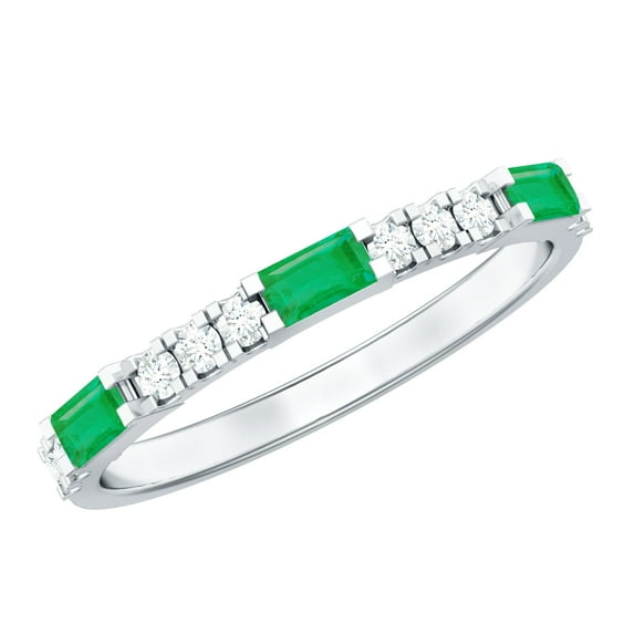 Rosec Jewels Stackable Green Emerald and Diamond Ring in Prong Setting (AAA Quality), 18K White Gold, US 12.00