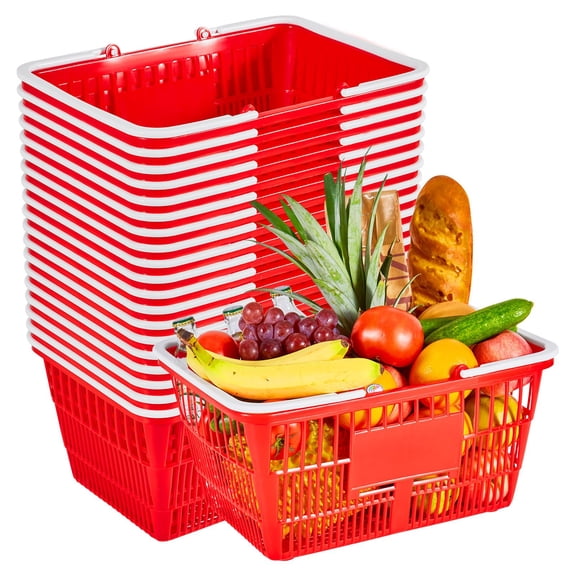 Stackable Grocery Baskets, 20-Pack Red Plastic Storage Baskets with Handles, 21L Capacity for Supermarket, Retail Store, and Home Organization, Durable Mesh Design Holds 20 lbs