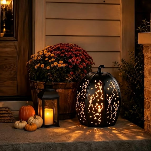 Stackable Halloween Pumpkins, 3-Tier Halloween LED Pumpkin,Skeleton Cutout Metal Pumpkin Lights, Warm Glow Decor for Front Porch Yard Indoor Outdoor Halloween Decorations