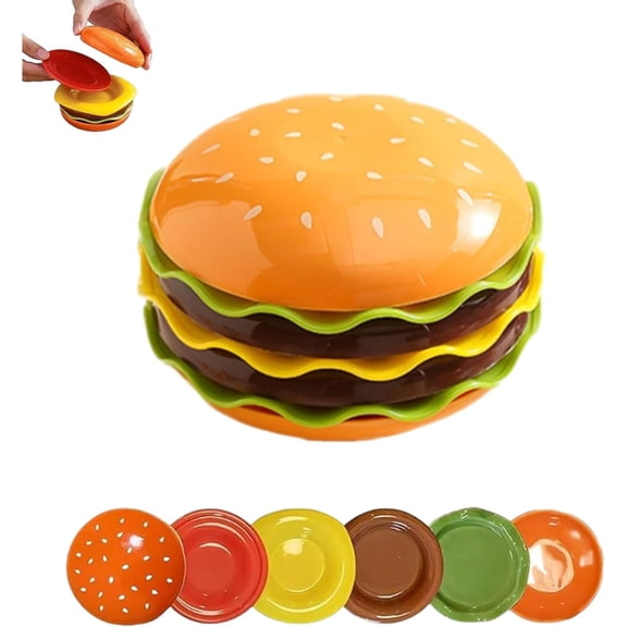 Stackable Hamburger Plates Set, Creative Hamburger Shaped Ceramic Bowl Set, Multi-Layer Burger Stack Plates & Hamburger Dish Set with Lid, Fun Serving Plates for Snacks, Salad