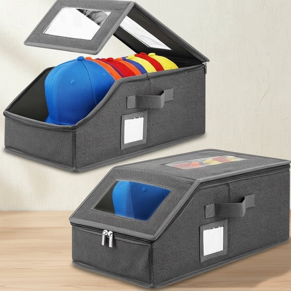 Stackable Hat Organizer for Baseball Caps - 2 PCS Featuring a Transparent Viewing Window, Hat Organizer for Closet, Holds up to 30 Caps, with Cardboard Inserts, Dark Grey