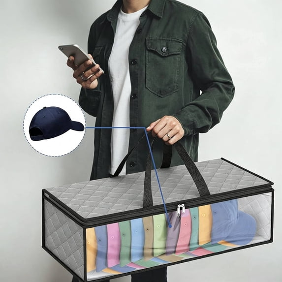 Stackable Hat Organizer for Baseball Caps, Hat Storage Bag with 2 Carry Handles for Closet Moisture & Dust Proof, Hat Racks Holder Organizer Case for Closet Hold 40 Caps (1 Pc-black)
