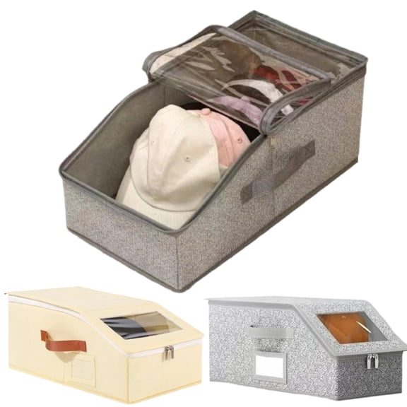 Stackable Hat Organizer for Baseball Caps, Hat Storage with Clear Window Lid, Holds up to 25 Ball Cap Storage Organizer, Foldable Hat Box Holder with Cardboard, for Closet Bedroom Shelf, Gray