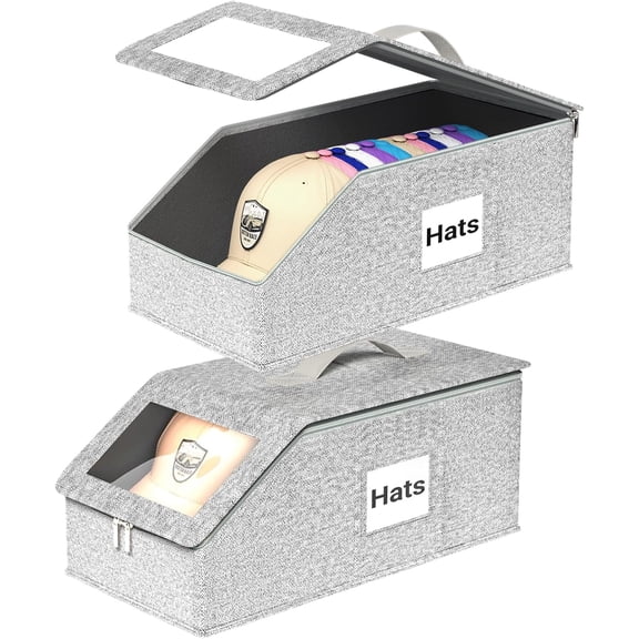 Stackable Hat Organizer for Baseball Caps - 2 Pack Holds 26 Caps, Dust-Proof Closet Storage with Clear Window, Light Gray