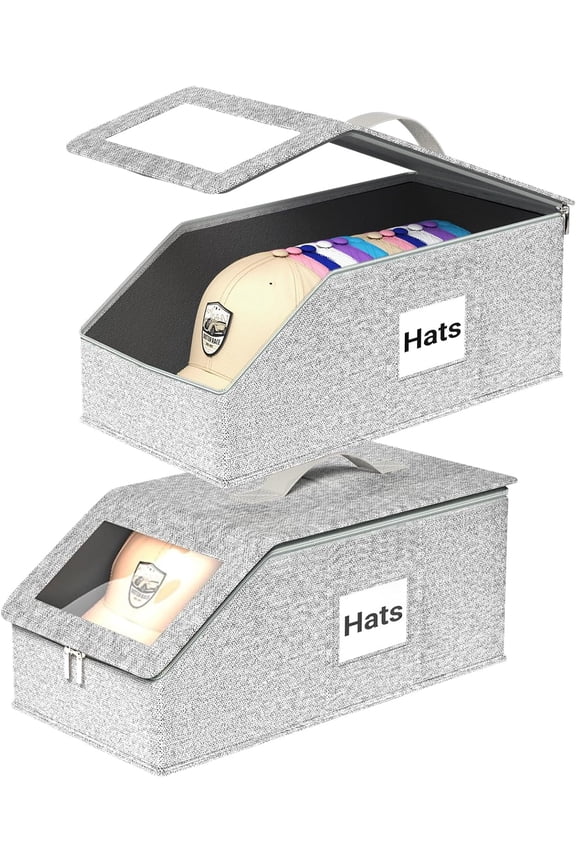 Stackable Hat Organizer for Baseball Caps - 2 Pack Holds 26 Caps, Dust-Proof Closet Storage with Clear Window, Light Gray