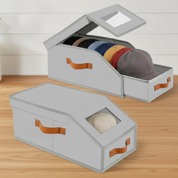 Stackable Hat Storage for Baseball Caps, Drawer & Flip-Top Access Hat Organizer with Clear Window, Space-Saving Hat Box with 2 Handles for Closet, Shelves (Light Grey, 2PCS)