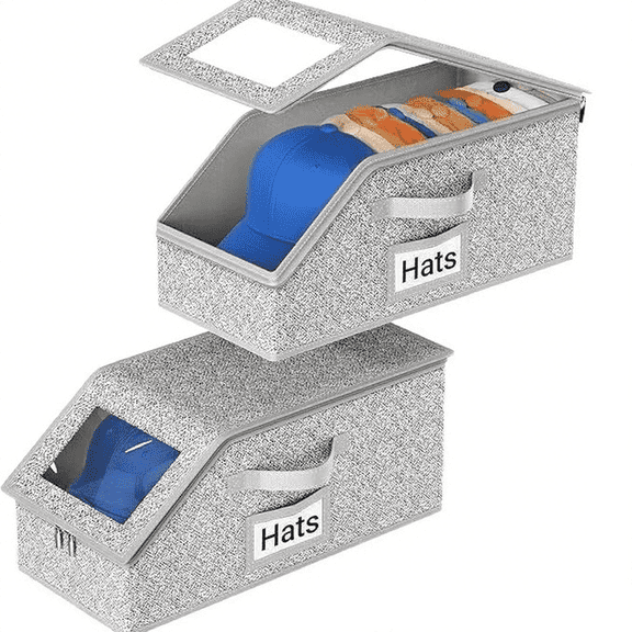 Stackable Hat Storage for Baseball Caps, Hat Storage Boxes for Closet, Holds up to 12 Caps with Cardboard, Hat Organizer for Women & Men(Two Clear Window) (Grey 1PC)
