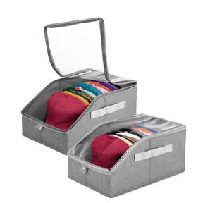 Stackable Hat Storage Box 2 Pack, Large Baseball Cap Organizer with Clear Lid, Dust-Proof Collapsible Hat Case for Closet and Shelf