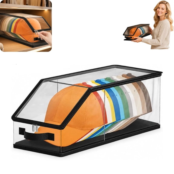 Stackable Hat Storage Box for Baseball Caps with Flip-Top Clear Lid, Dustproof Cap Organizer Container with Handle, Space Saving Closet Hat Holder for Bedroom Wardrobe Shelf Display