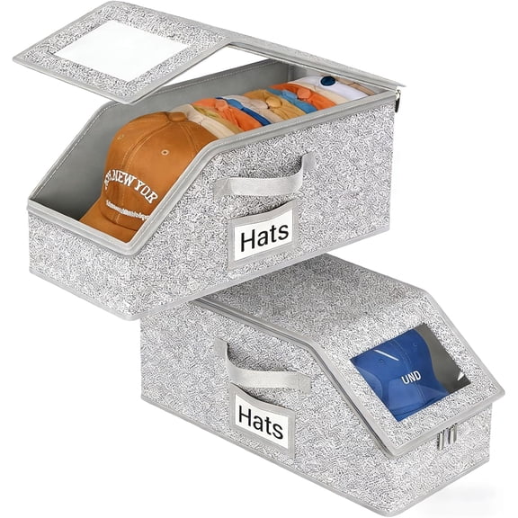 Stackable Hat Storage Boxes for Baseball Caps, 2 Pack Hat Organizer Box Holds 24 Caps, Clear Window Baseball Cap Storage for Closet, Snapback & Fitted Hats