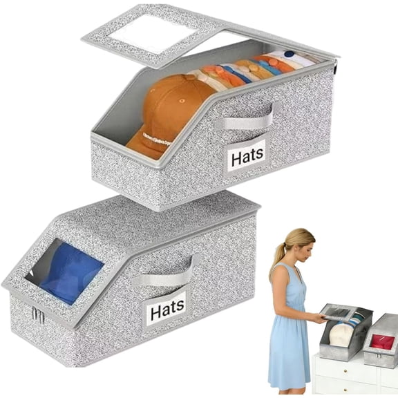 Stackable Hat Storage Boxes for Baseball Caps, Hat Organizer with Clear Window Lid & Flip-Top Access, Space-Saving Closet Organizer Holds Up to 24 Caps