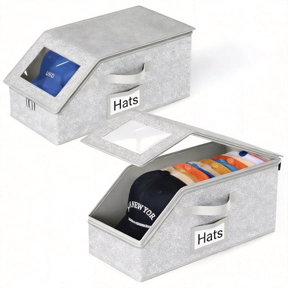 Stackable Hat Storage Organizer 2 Pack, Baseball Cap Holder for Closet Holds up to 24 Caps, Sturdy Hat Boxes with Cardboard Support for Men and Women, Grey