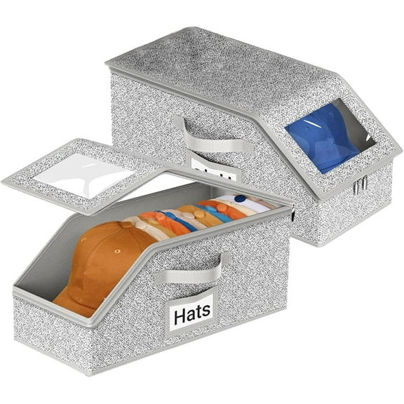 Stackable Hat Storage for Baseball Caps, 2 Pack Cap Organizer for Closet, Sturdy Hat Boxes for Men Women with Cardboard, Holds up to 24 Caps, Grey