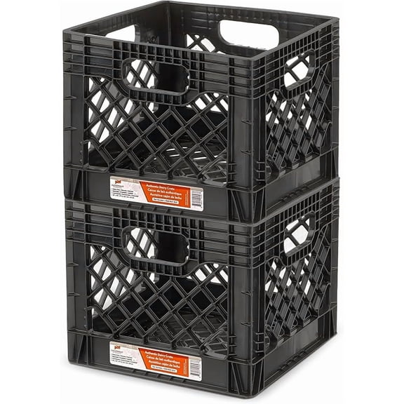 Stackable Heavy Duty Milk Crates with Handles, 16 Qt, Black - Organizing Plastic Crate Basket for Grocery Shopping, Home Supplies, and Bathroom Accessories