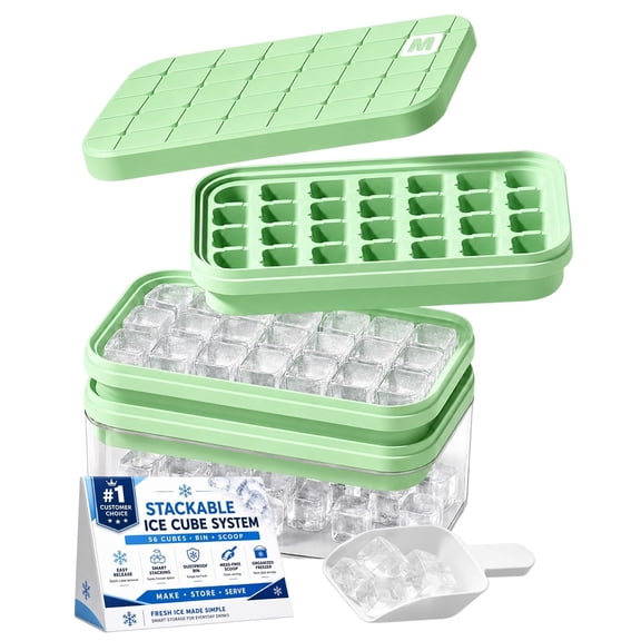 Stackable Ice Cube Tray Set with Storage Bin, 56 Ice Maker with Scoop | Freezer Trays with Lid, Easy Release Silicone Bottom Cubes for Whiskey Cocktails Coffee Juice Home Bar