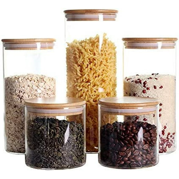 Stackable Kitchen Canisters Set, Pack of 5 Clear Glass Food Storage Jars Containers with Airtight Bamboo Lid for Candy, Cookie, Rice, Sugar, Flour, Pasta, Nuts