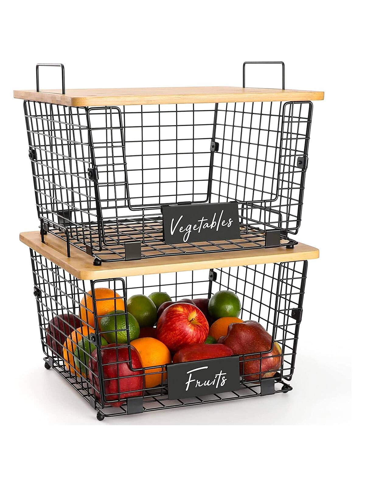 Stackable Kitchen Counter Basket with Bamboo Top Pantry Organization