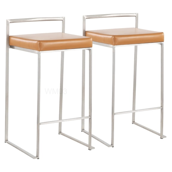 Stackable Kitchen Counter Stools Set of 2, Camel Upholstered Bar Height Stools with Metal Frame