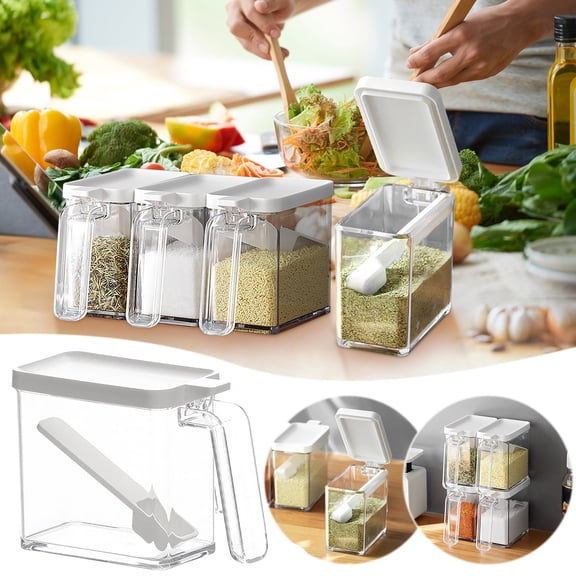Stackable Kitchen Seasoning Container with Press to Open Lid and Spoon - Clear Thickened Spice Jar for Salt Sugar Pepper - Airtight Sealed Food Storage for Countertop or Cabinet - Set of 1