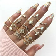 Stackable Knuckle Rings 17 PCS Set, Boho Bohemian Vintage Elegant Rhinestone Peral Diamond Stone Jewel Chain Stars Carved Finger Rings GMYLE for Women Girls Teens (Gold)