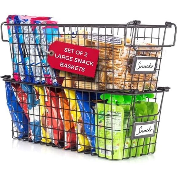 Stackable Large Wire Baskets for Organizing — Set of 2 Snack & Chips Organizer for Pantry; Wire Storage Baskets with Handles; Large Bronze Chip Storage for Pantry