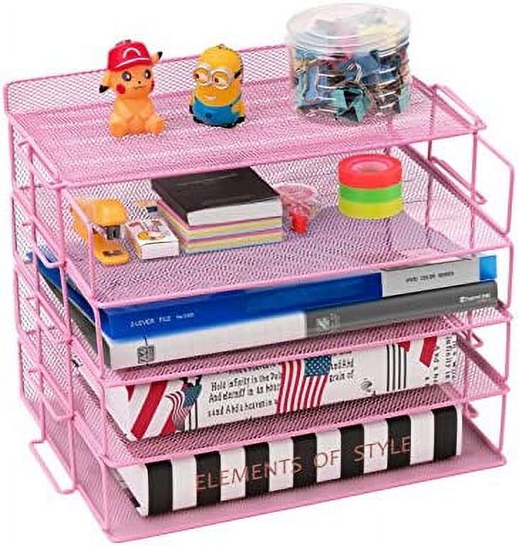 Stackable Letter Tray, 4 Tier Metal Desk File Organizer Rack, Mesh