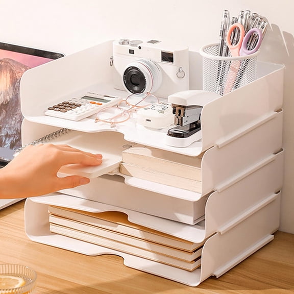 Stackable Letter Tray Organizer, A4 Paper Desk Organizer Rack, Multi-Tier Plastic File Sorter For Office, Home, School, Documents, Books & Supplies White 32*24*7Cm