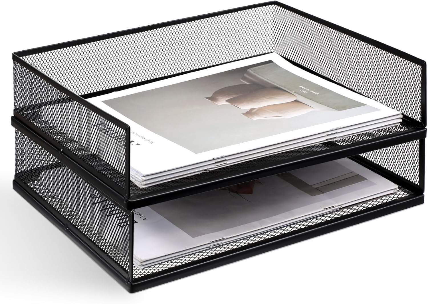 Stackable Letter Tray, Wire Mesh Desk File Organizer Metal Desktop Paper Sorter Desk Tray Document Magazine Storage Basket for Home Office Supplies, Black