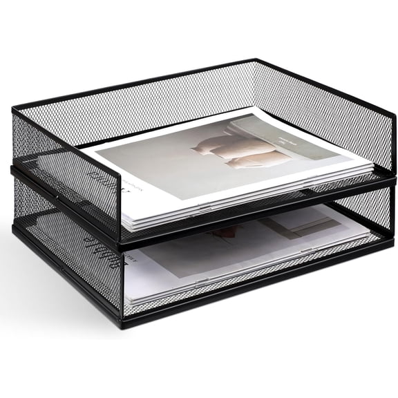 Stackable Letter Tray, Wire Mesh Desk File Organizer Metal Desktop Paper Sorter Desk Tray Document Magazine Storage Basket for Home Office Supplies, Black