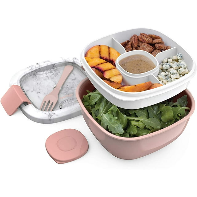 Stackable Lunch Container with Large 54-oz Salad Bowl, 4-Compartment Bento-Style Tray for Toppings, 3-oz Sauce Container for Dressings, Built-In Reusable Fork & BPA-Free