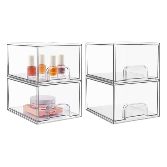 Vtopmart Stackable Makeup Storage Drawers, 4 Pack Acrylic Bathroom Organizers, Clear Plastic Storage Bins, 4.4" High