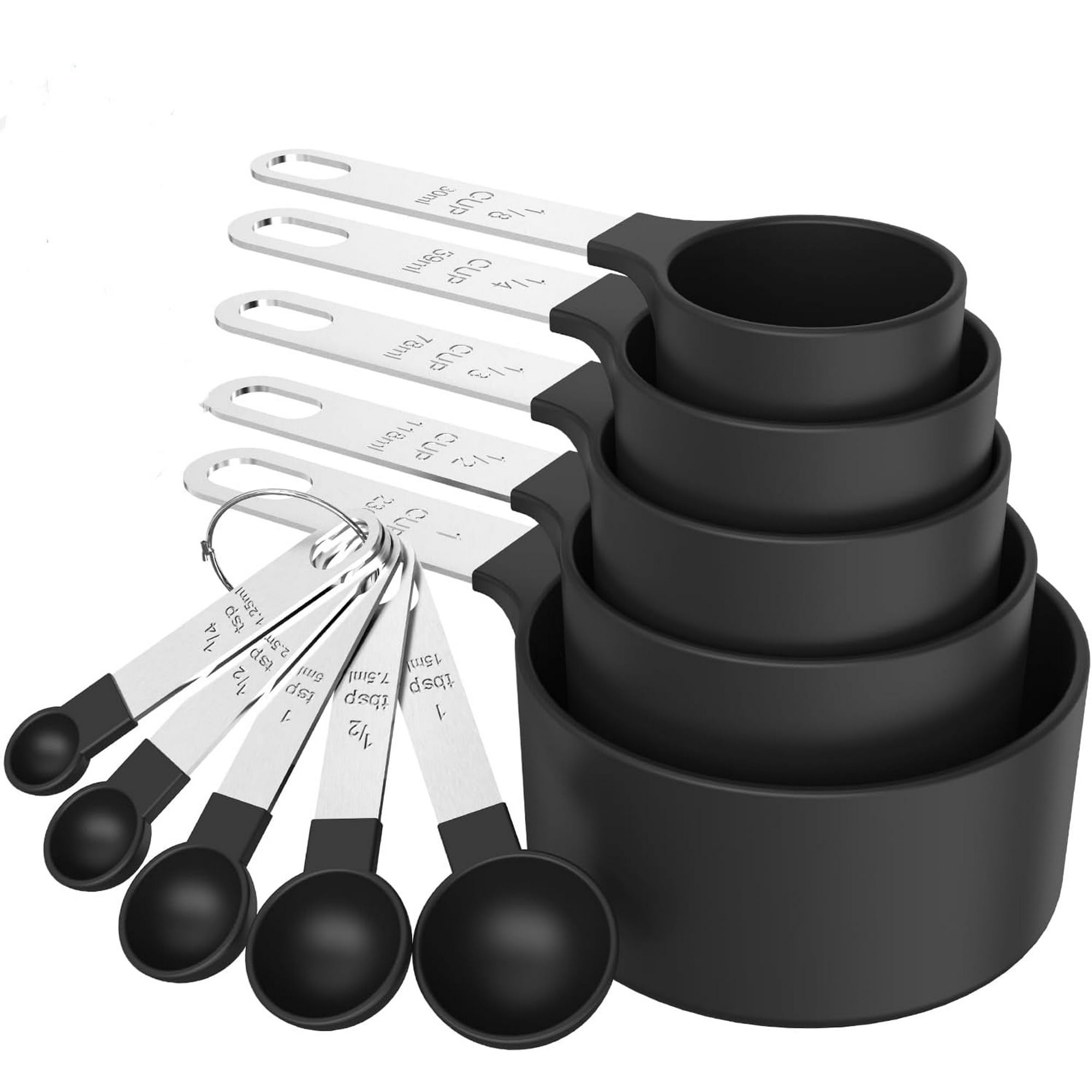 Stackable Measuring Cups and Spoons Set, 10-Piece Nesting Measure Cups with Stainless Steel Handle, Kitchen Baking Gadgets for Cooking (Black)