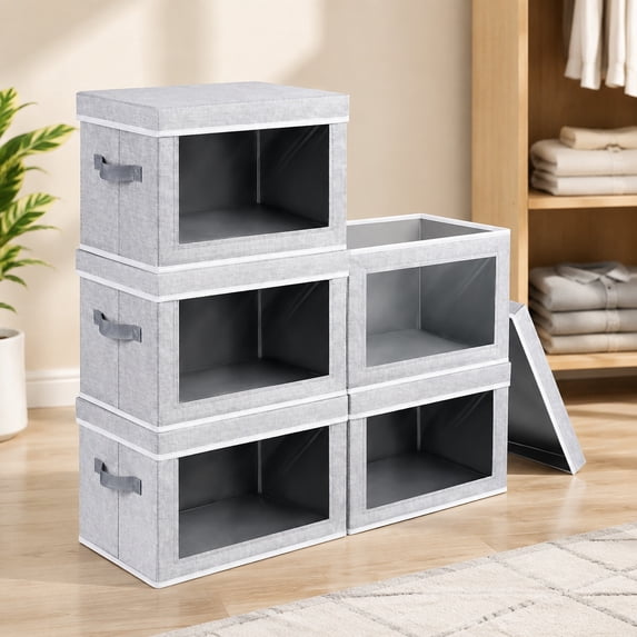 Stackable Medium Storage Bins with Lids - Foldable Closet Organizer ...