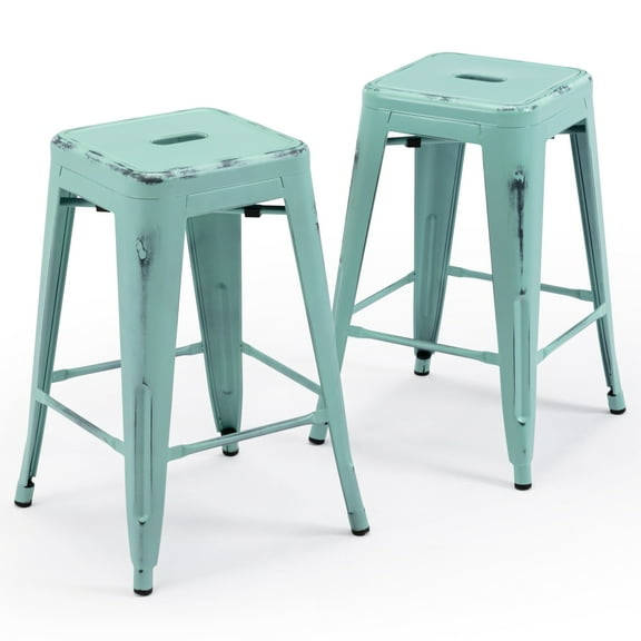 Stackable Metal Bar Stools Set of 2, Counter Height Bar Stools 24 Inches Industrial Bar Chairs Patio Stool, Backless Stool Indoor Outdoor Classroom Kitchen Stools Bar Chairs(Distressed Green)