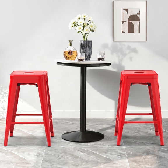 Stackable Metal Bar Stools Set of 2, Counter Height Bar Stools 24 Inches Industrial Bar Chairs Patio Stool, Backless Stool Indoor Outdoor Classroom Kitchen Stools Bar Chairs(Red)