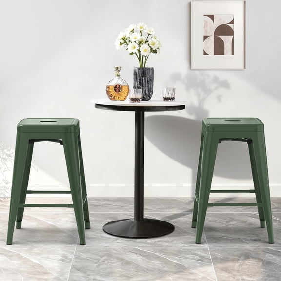 Stackable Metal Bar Stools Set of 2, Counter Height Bar Stools 24 Inches Industrial Bar Chairs Patio Stool, Backless Stool Indoor Outdoor Classroom Kitchen Stools Bar Chairs(Olive Green)