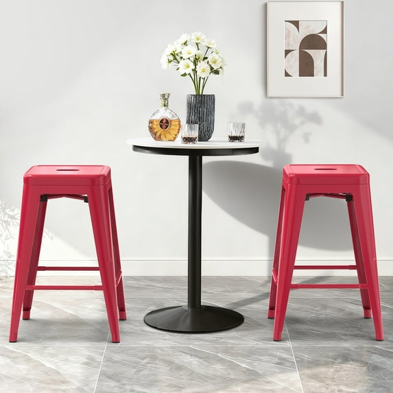 Stackable Metal Bar Stools Set of 2, Counter Height Bar Stools 24 Inches Industrial Bar Chairs Patio Stool, Backless Stool Indoor Outdoor Classroom Kitchen Stools Bar Chairs(Rose Red)