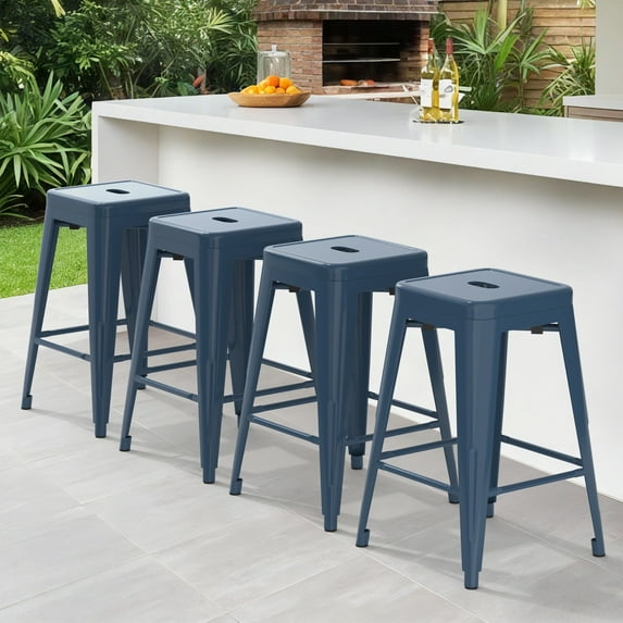 Stackable Metal Bar Stools Set of 4, Counter Height Bar Stools 24 Inches Industrial Bar Chairs Patio Stool, Backless Stool Indoor Outdoor Classroom Kitchen Stools Bar Chairs(Deep Blue)