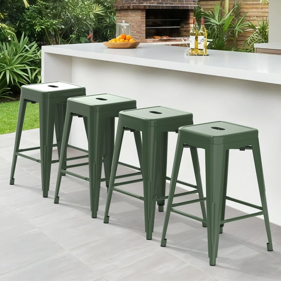 Stackable Metal Bar Stools Set of 4, Counter Height Bar Stools 24 Inches Industrial Bar Chairs Patio Stool, Backless Stool Indoor Outdoor Classroom Kitchen Stools Bar Chairs(Olive Green)