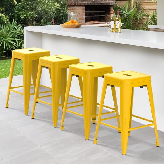 Stackable Metal Bar Stools Set of 4, Counter Height Bar Stools 24 Inches Industrial Bar Chairs Patio Stool, Backless Stool Indoor Outdoor Classroom Kitchen Stools Bar Chairs(Yellow)
