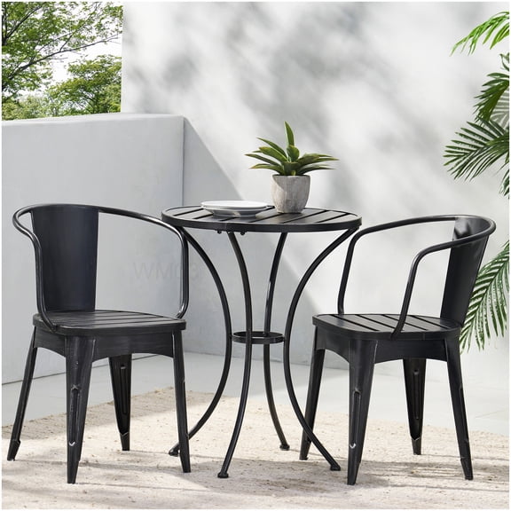Stackable Metal Bistro Set, 3-PC Iron Outdoor Dining Chairs and Table with Slatted Top for Patio, Porch or Backyard