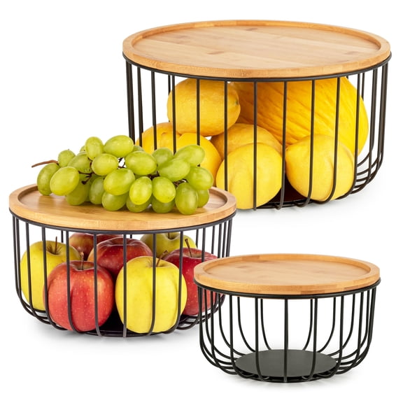 Stackable Metal Fruit Vegetable Storage Basket Set with Lids, 3 Piece