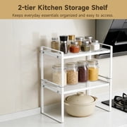 Stackable Metal Kitchen Storage Shelf, 2-tier Cabinet Shelf Organizer, Small Desk Storage Rack with Handle, White Carbon Steel Countertop Rack for Pantry, Under Sink