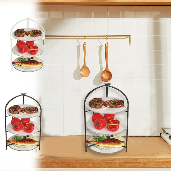 Stackable Metal Kitchen Vegetable Rack with Foot Pads, Foldable Perforated Prep Basin, Multi-Layer Storage Shelf, White, 43x20.6x25.8cm