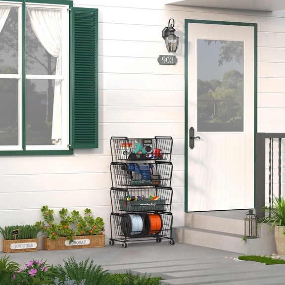 Stackable Metal Storage Carts, Dual Use Shelf for Kitchen Fruit Vegetable Baskets with Wheels, Storage Rack for Living Room, Home & Office, Standard Black 4 Tiers