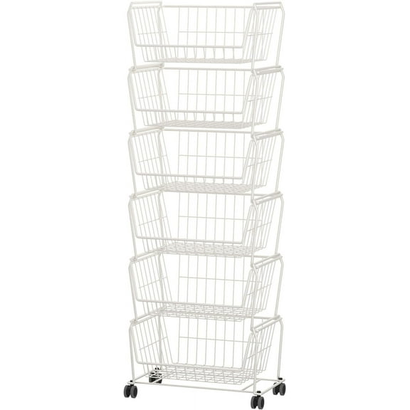 Stackable Metal Storage Carts, Dual Use Shelf for Kitchen Fruit Vegetable Baskets with Wheels, Storage Rack for Living Room, Home & Office, Standard White 6 Tiers