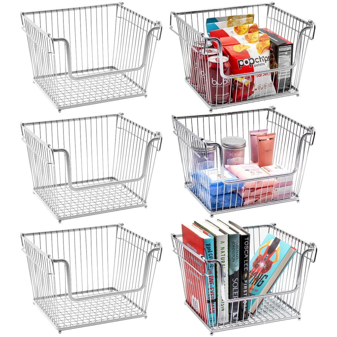 Sorbus 6 Pack Stackable Metal Storage Basket Set - Organizers for Home, Kitchen Pantry, Bathroom, Laundry and more (Silver)