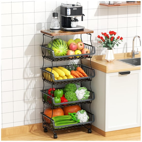 Stackable Metal Wire Fruit Vegetable Basket With Wheels Storage Organizer For Kitchen Pantry Bathroom Produce Holder