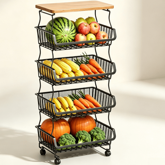 Stackable Metal Wire Fruit Vegetable Basket With Wheels Storage Organizer For Kitchen Pantry Bathroom Produce Holder