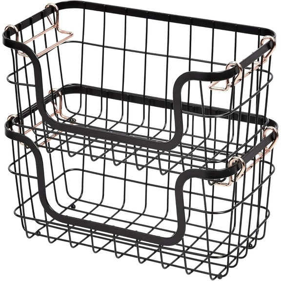 Stackable Metal Wire Rectangular Storage Baskets for Kitchen, Bathroom or Pantry Organizing, 2 Count, Black